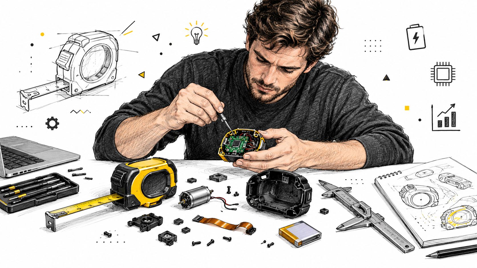 A man carefully repairs a smart measuring tape device at a desk filled with tools and components.
