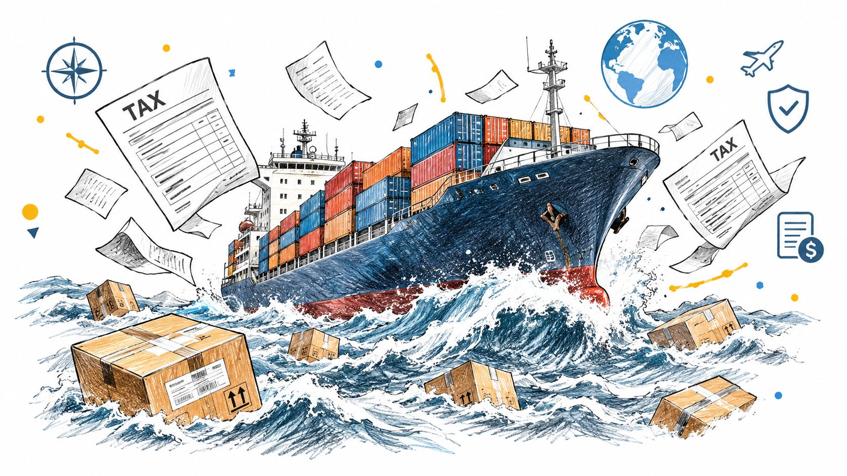 A large cargo ship sailing through rough ocean waves surrounded by tax documents and shipping packages.