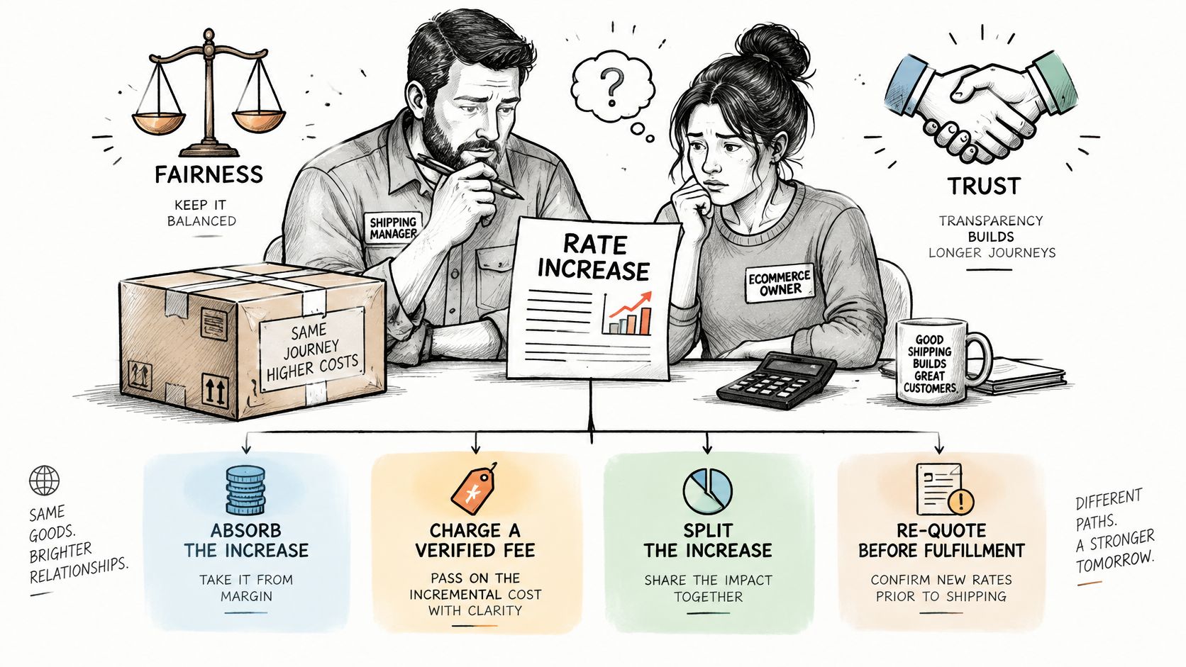 A shipping manager and ecommerce owner discuss strategies for handling shipping rate increases at their desk.