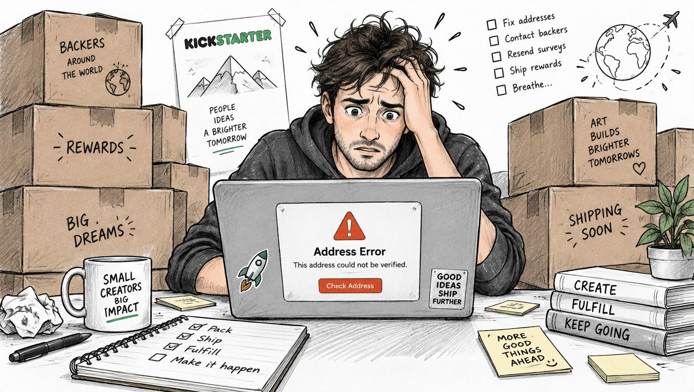 A stressed creator working on a laptop while dealing with shipping address validation errors for Kickstarter rewards.