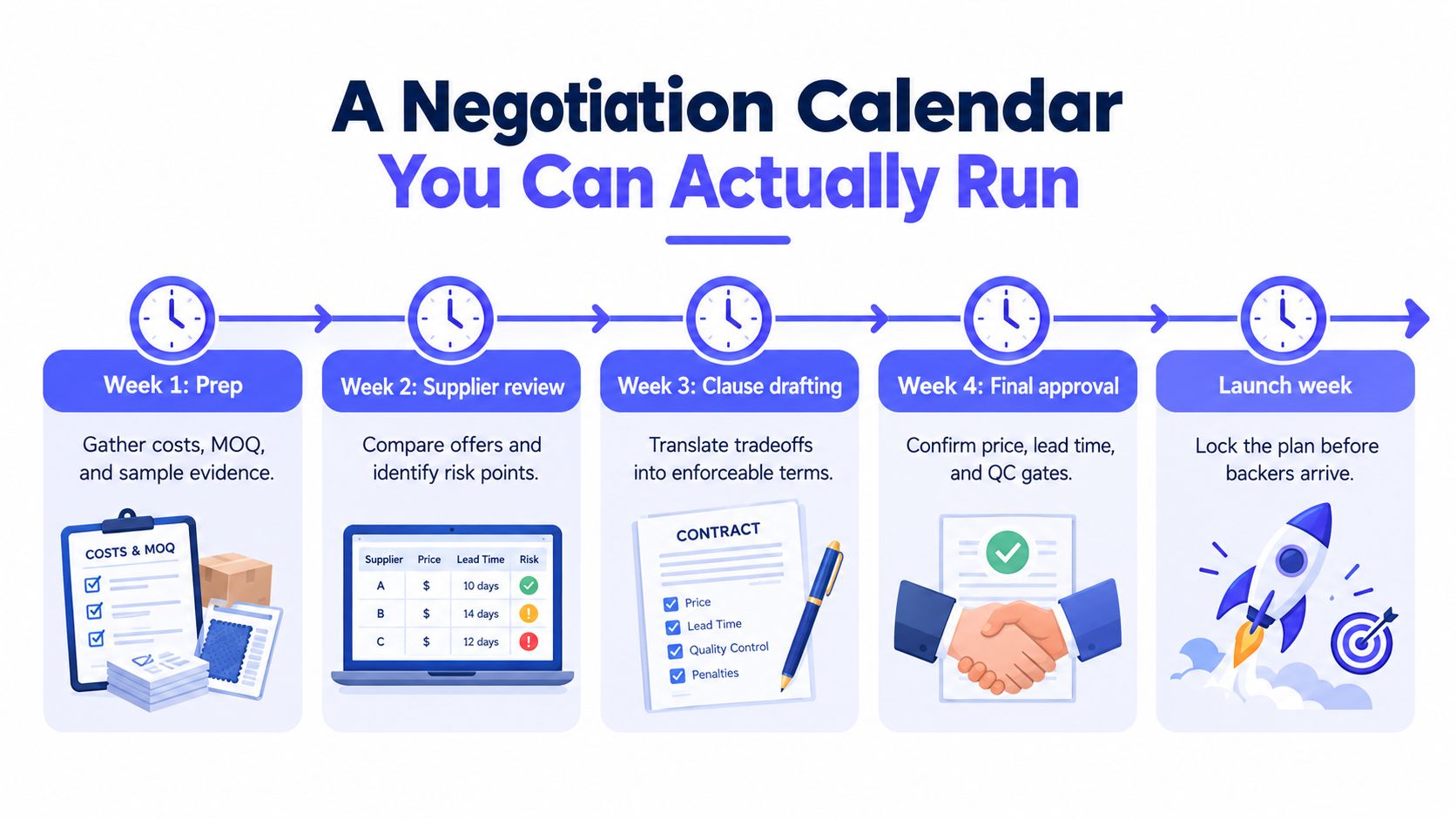 A five-step negotiation calendar infographic guiding users from preparation to final contract launch week.