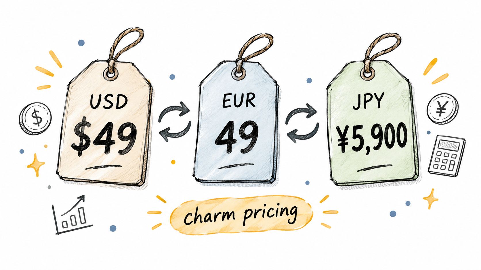 Three price tags showing USD, EUR, and JPY currencies to illustrate the concept of charm pricing strategies.