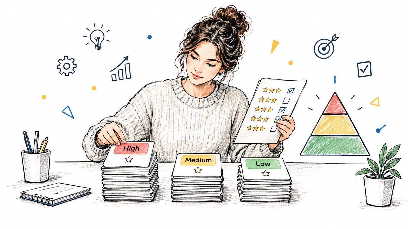 A young woman sitting at a desk organizing cards into high, medium, and low priority stacks.