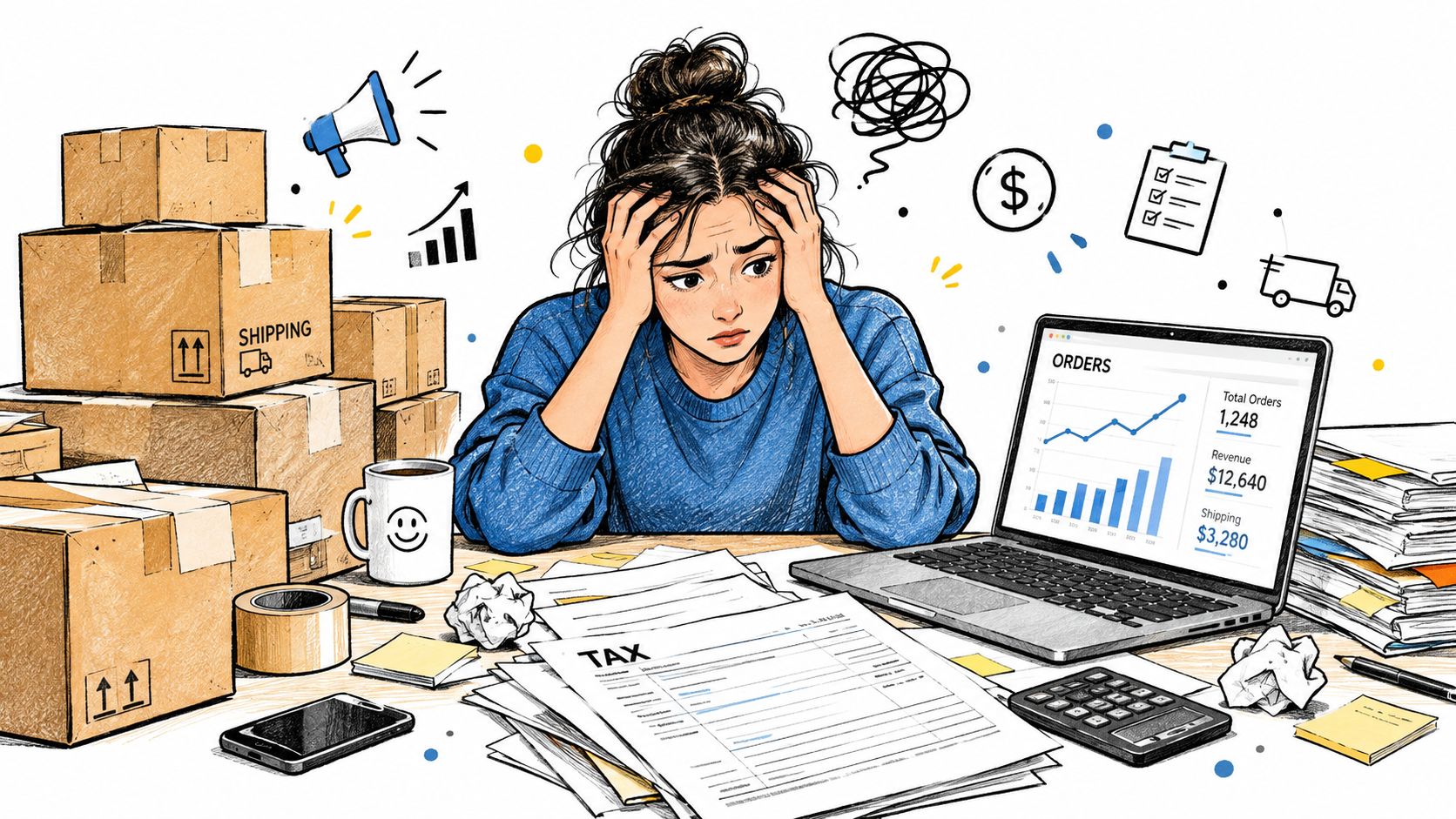 A stressed woman sitting at a desk cluttered with shipping boxes, paperwork, and a laptop displaying analytics.