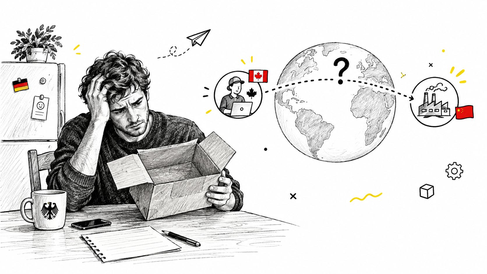 A sketched illustration of a stressed person looking into an empty shipping box with global logistics imagery.