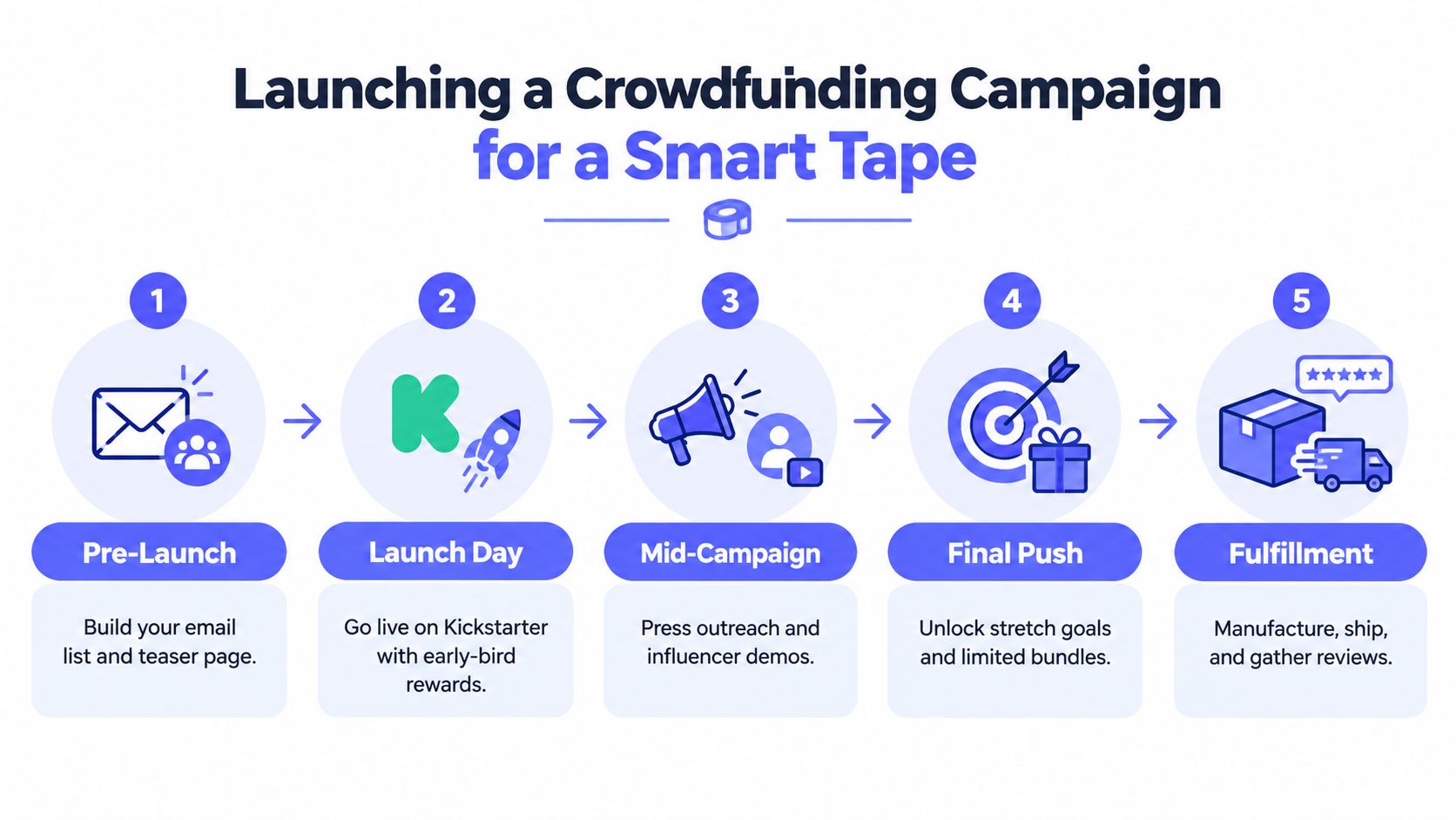 A flowchart showing five key steps for launching a crowdfunding campaign for a new smart measuring tape product.