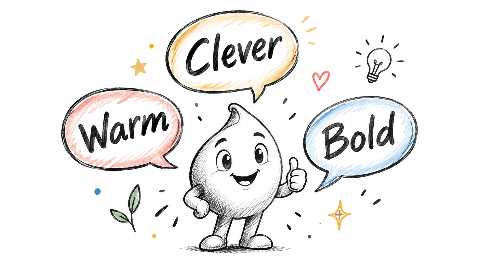 A cute character giving a thumbs up surrounded by speech bubbles with the words Clever, Warm, and Bold.