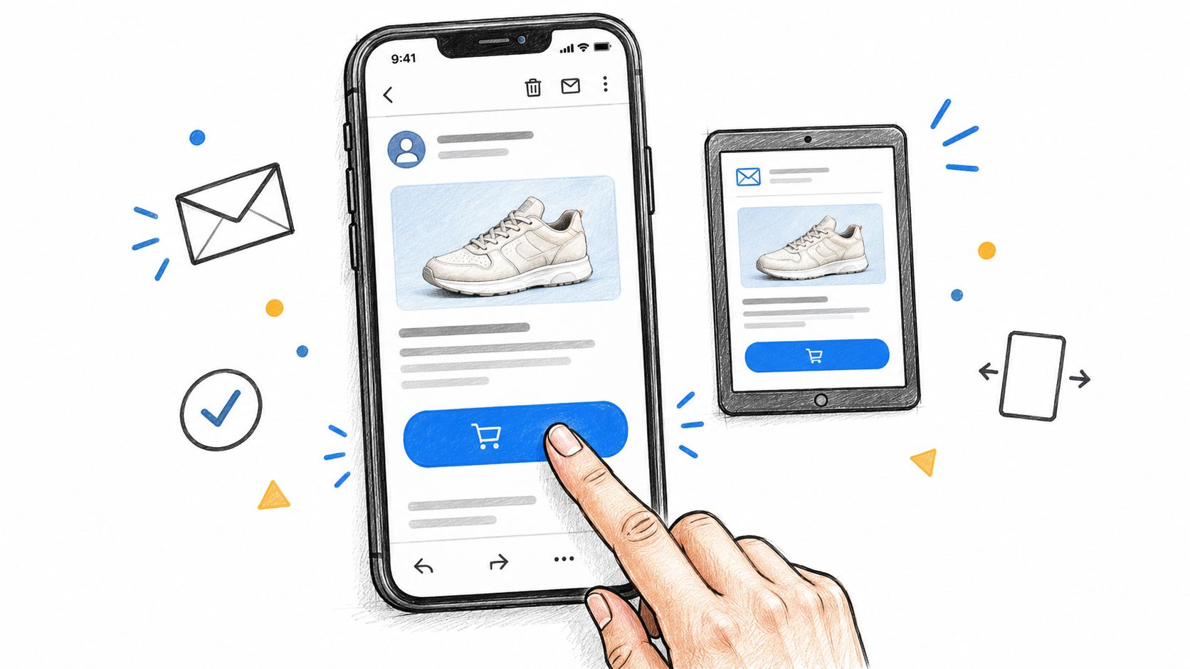 A hand interacting with a smartphone and tablet displaying product marketing emails with shopping cart buttons.