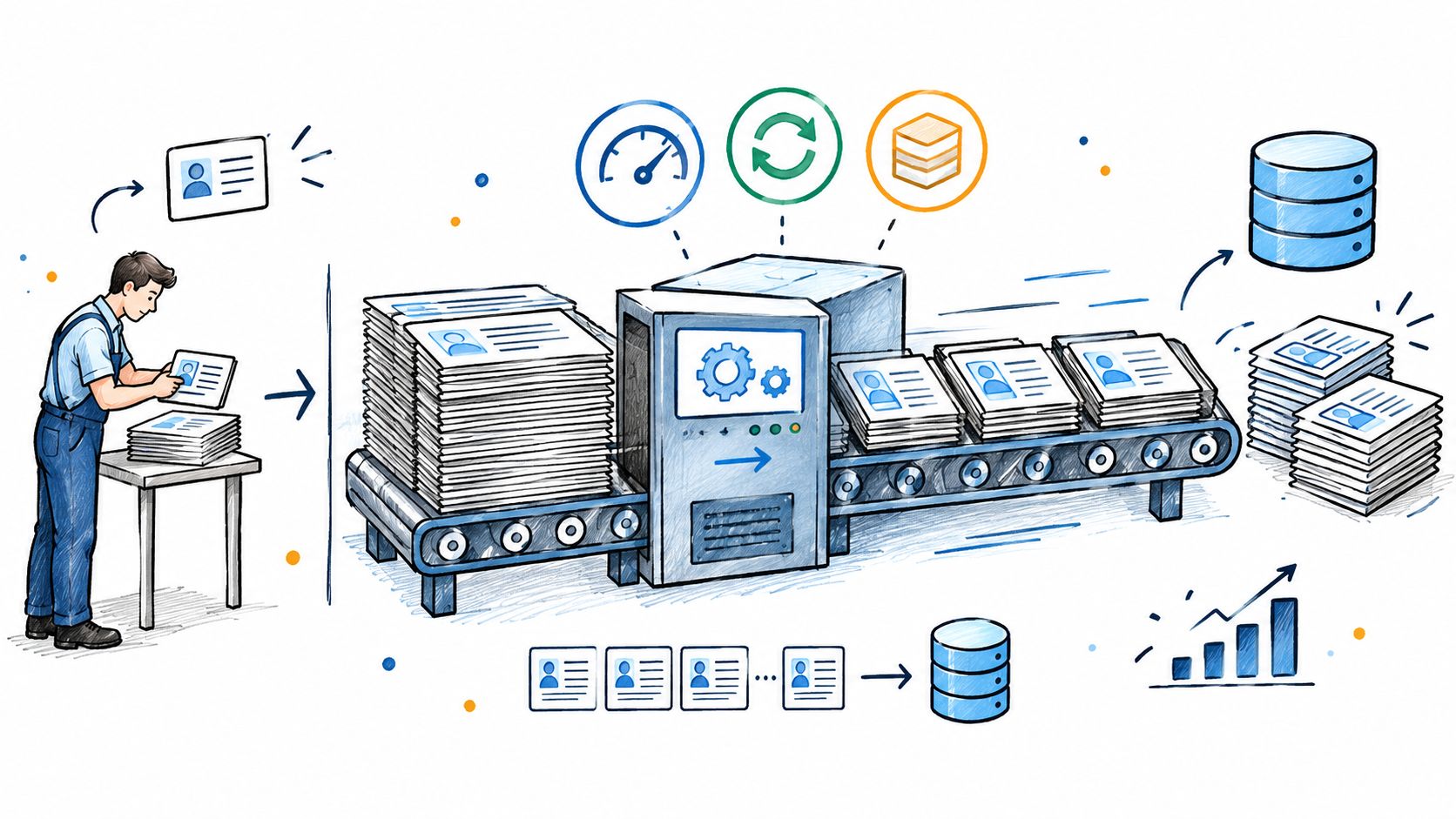 A conceptual illustration showing a person processing documents on a conveyor belt system towards data storage.