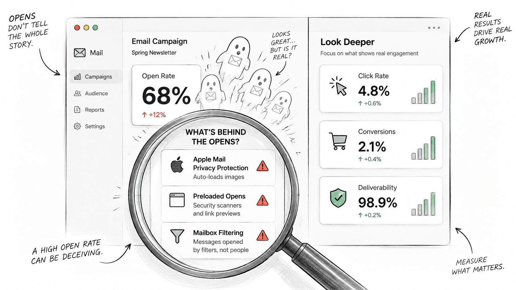 A digital dashboard showing that high email open rates can be misleading due to automated privacy filtering.