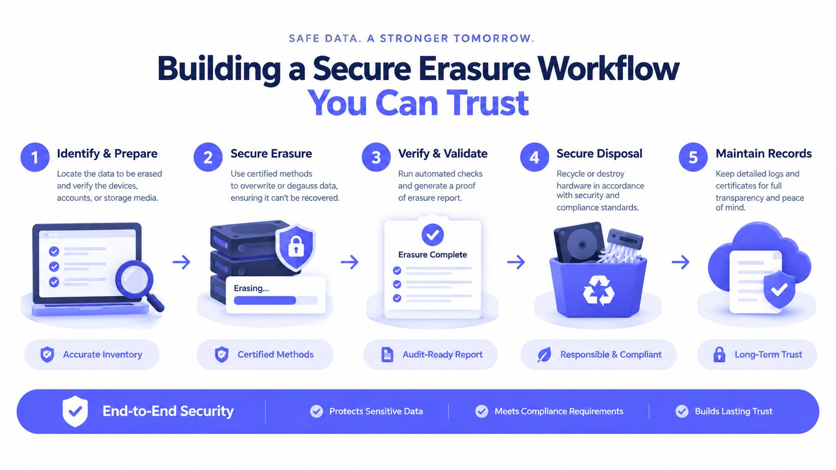 A five-step infographic showing a secure data erasure workflow for business compliance and long-term security.