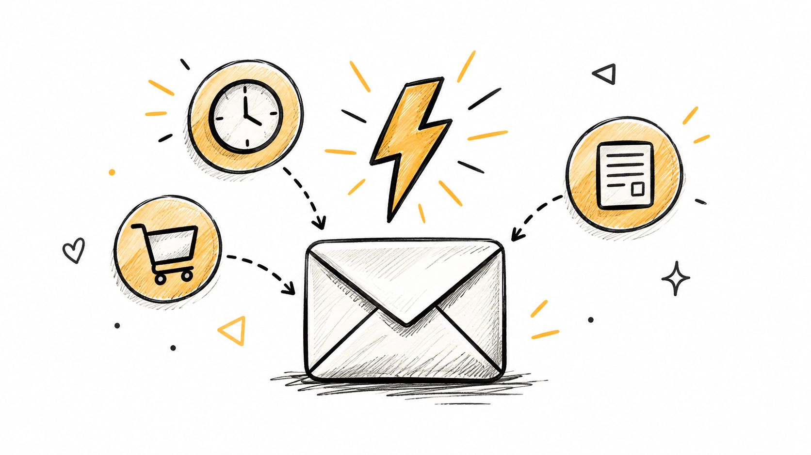 A hand-drawn illustration depicting an envelope connected to a shopping cart, a clock, and a document.