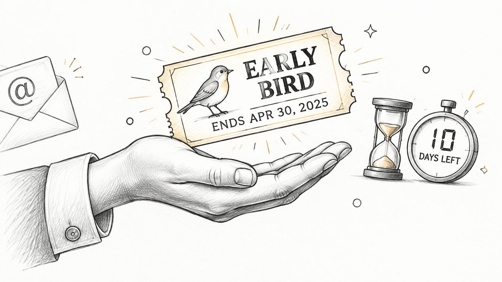A hand holding an early bird ticket with an hourglass and timer showing 10 days left.