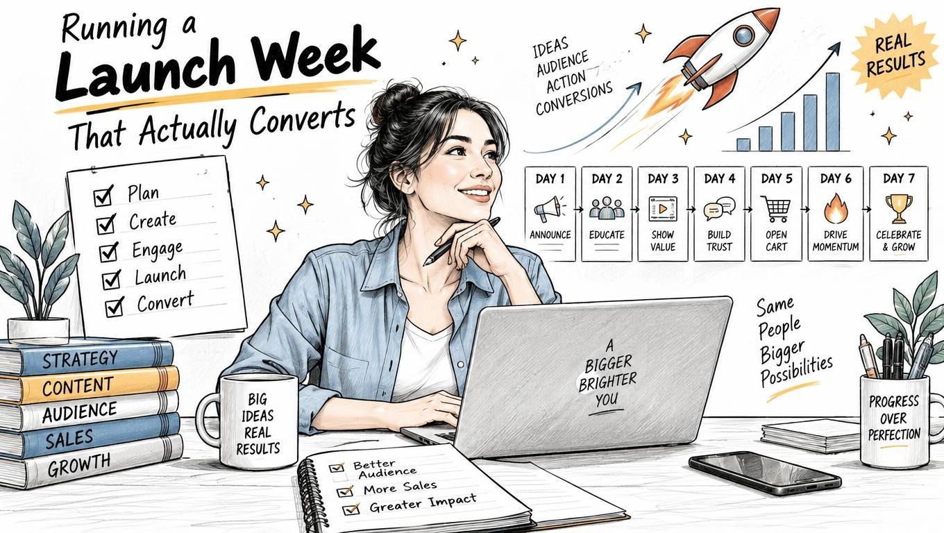 A professional woman at her desk planning a seven day launch week strategy for business growth.