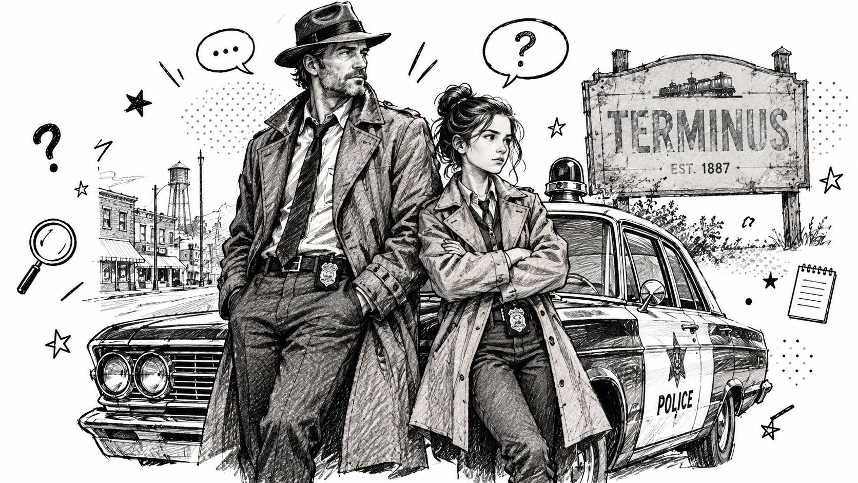 A black and white comic-style illustration of two detectives standing in front of a police car.