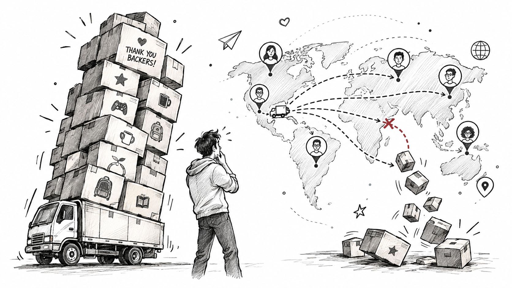 A person looking at a truck filled with packages and a world map showing logistics and shipping issues.