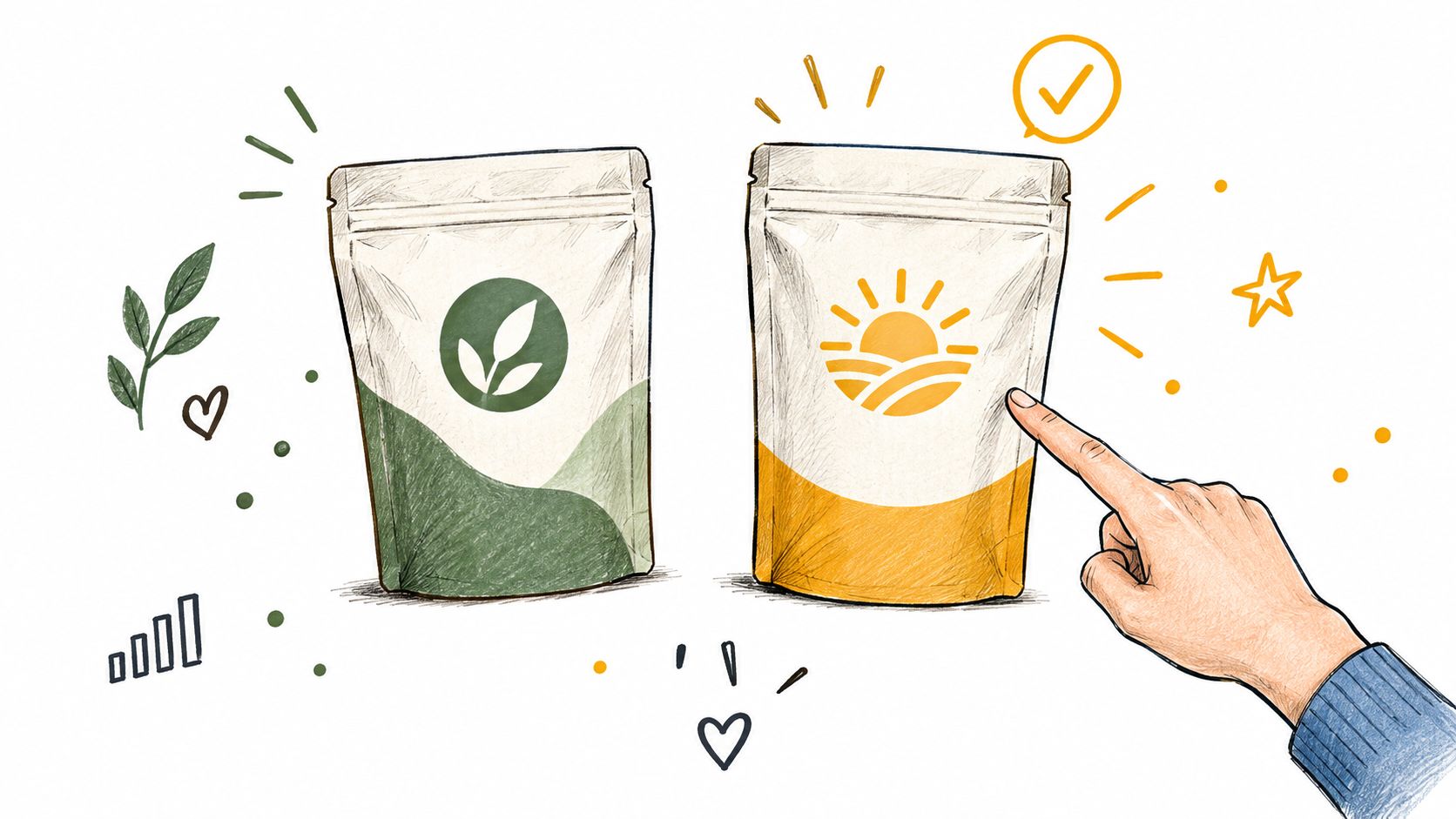 A hand pointing to a yellow product pouch with a sun icon next to a green plant icon pouch.