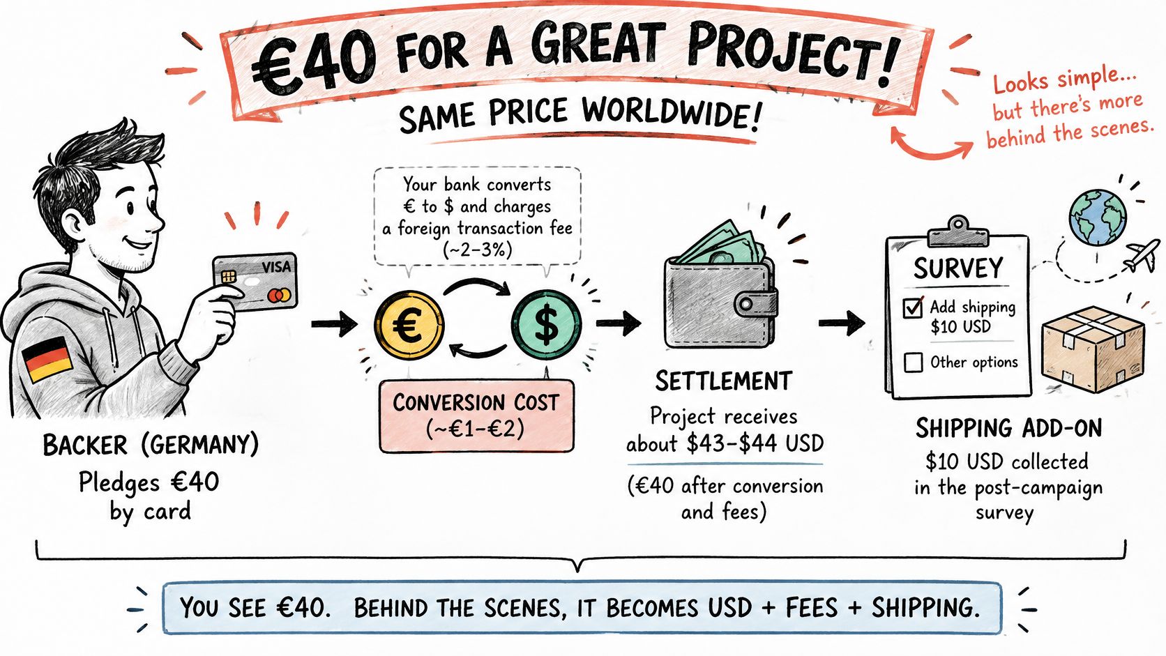 An infographic illustrating how a 40 Euro pledge is affected by currency conversion fees and additional shipping costs.