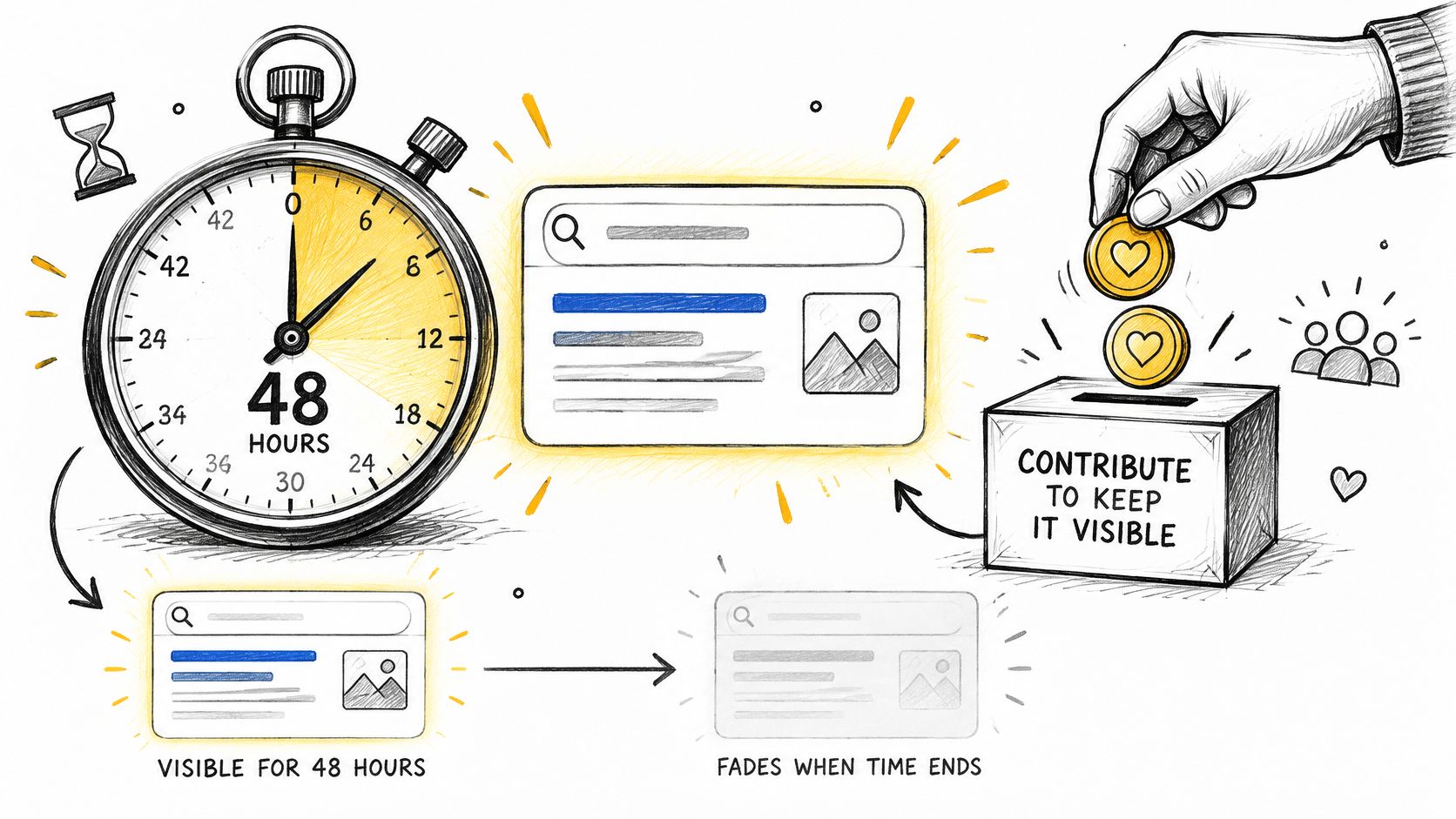 A diagram illustrating a 48-hour campaign duration for a crowdfunding post that fades without further financial contributions.