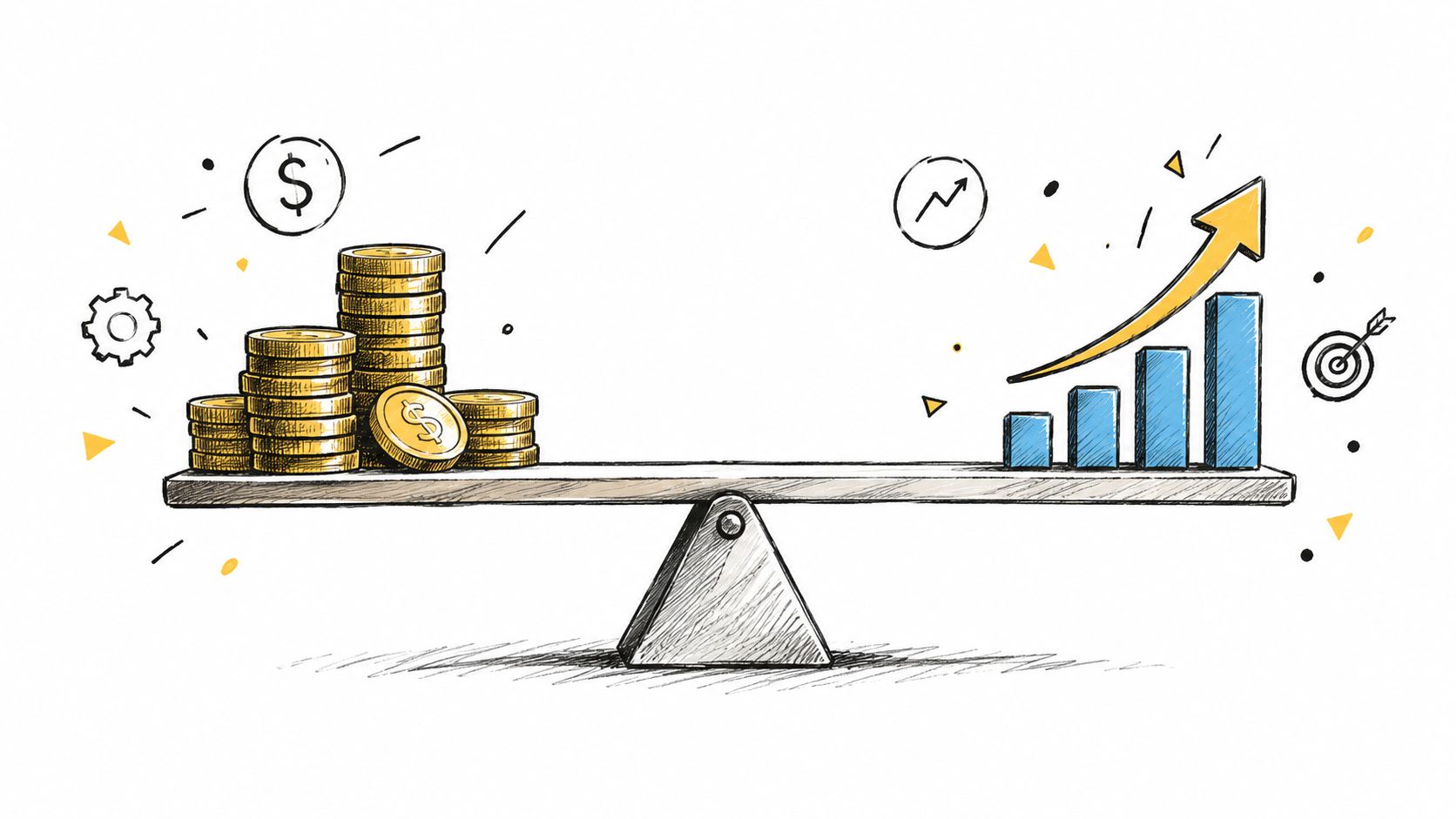 A conceptual illustration balancing stacks of gold coins with a growing bar chart on a seesaw.