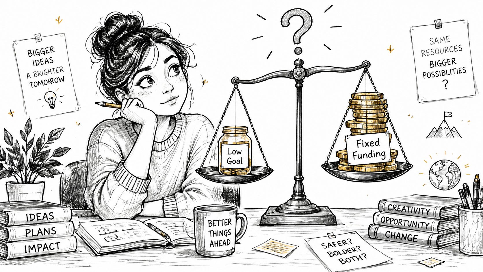 A girl sketches while contemplating a balance scale weighing a small goal against fixed funding sources.
