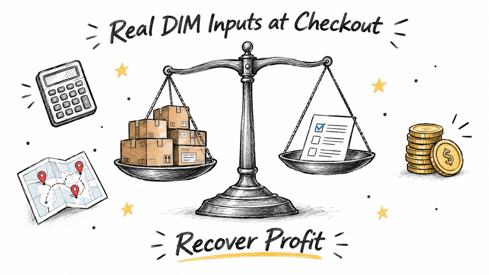 A conceptual illustration balancing shipping boxes on one side and checkout documentation on the other to represent profit.