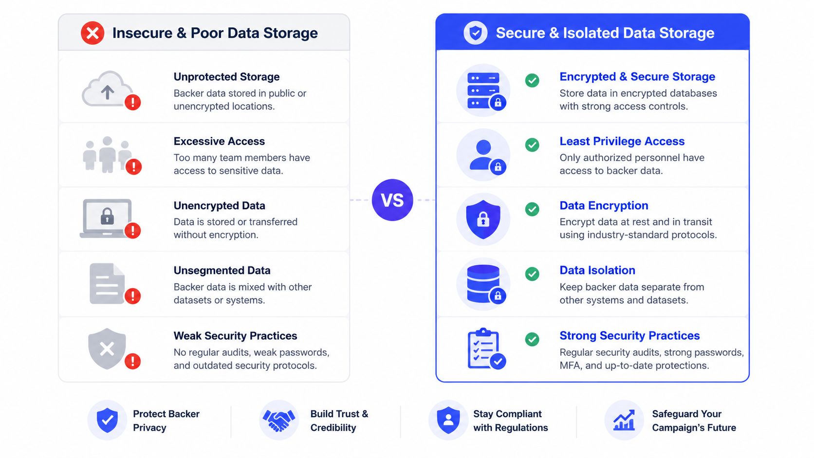A comparison chart showing insecure data storage versus secure, isolated data storage practices for protecting backer information.