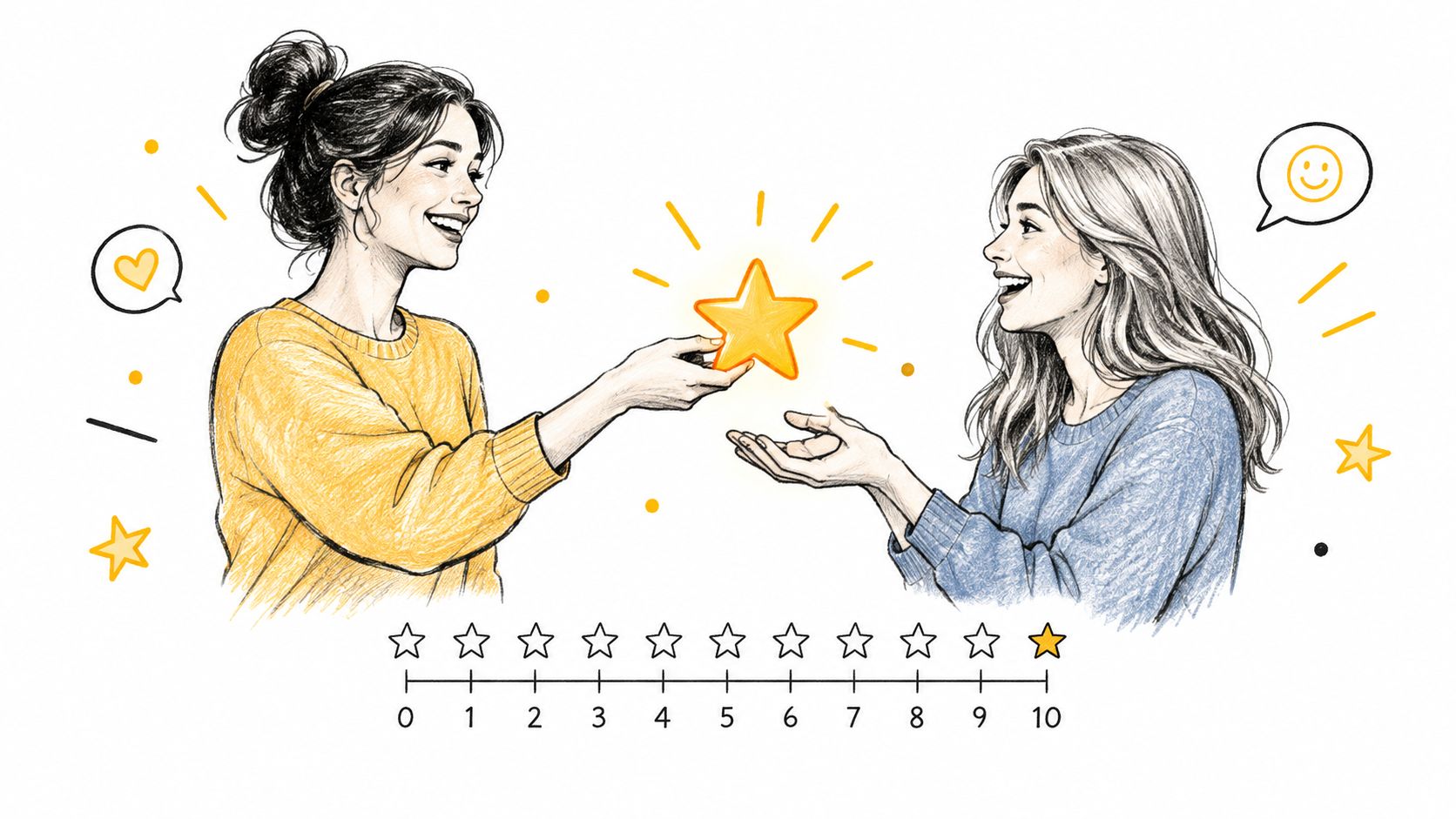 A woman handing a golden star to another woman above a customer satisfaction rating scale of ten.