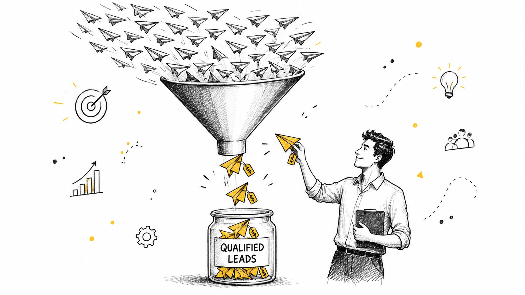A hand-drawn illustration showing paper planes entering a funnel and exiting as qualified business leads.