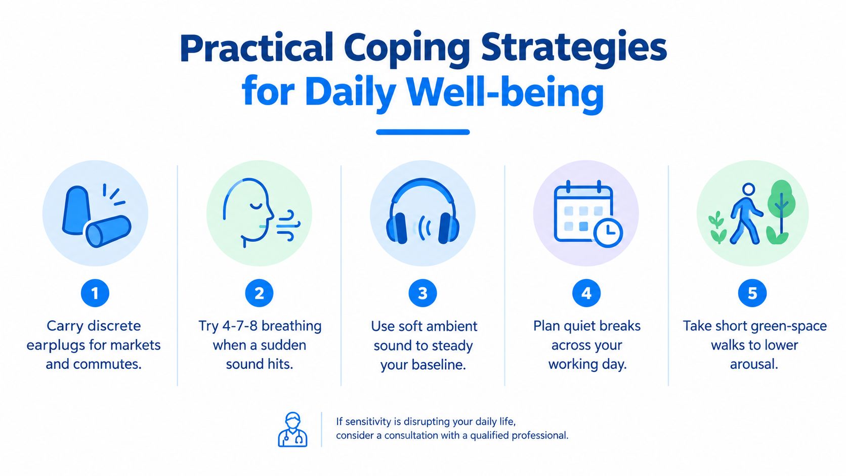 An infographic titled Practical Coping Strategies for Daily Well-being listing five methods to manage sensory sensitivity.