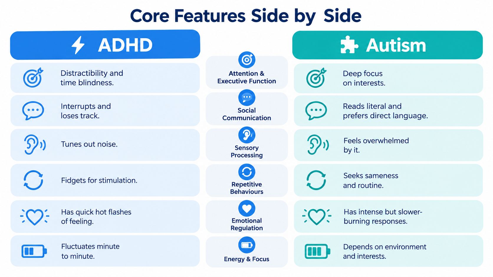 A comparison chart showing key differences between ADHD and Autism across six distinct behavioral and sensory categories.