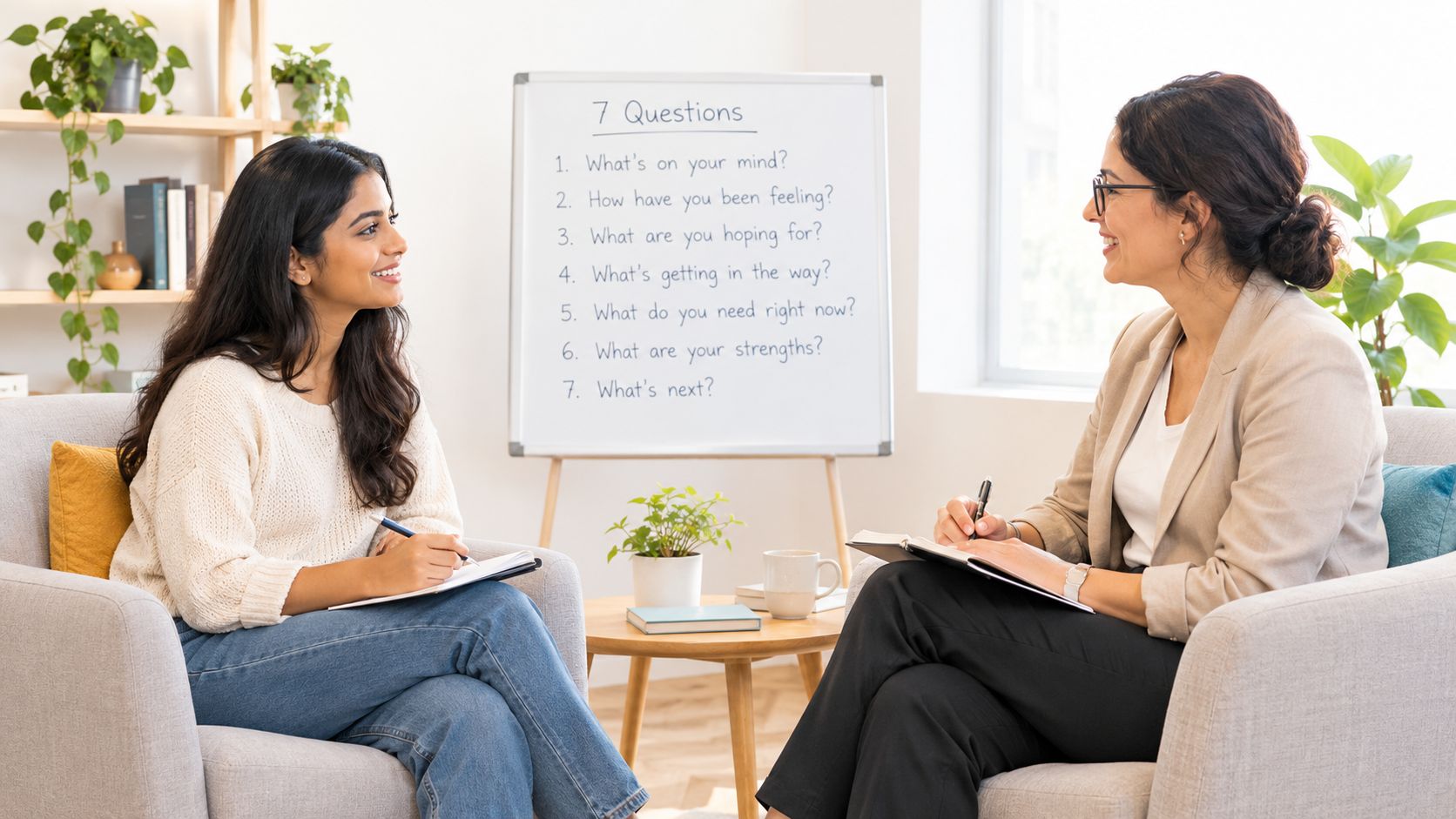 A female therapist conducting a counseling session with a client in a bright, modern office setting.