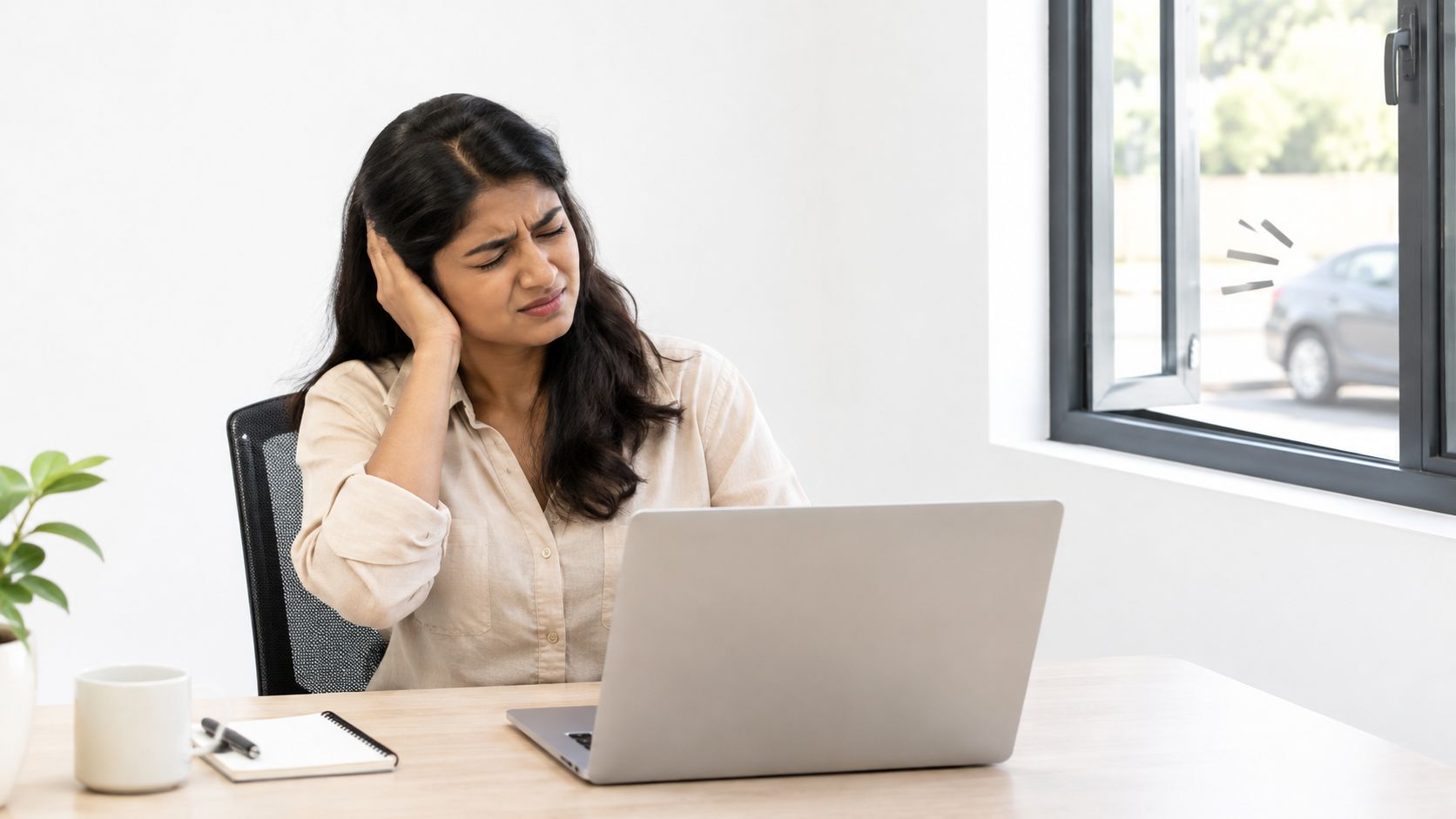 A distressed woman working on a laptop at a desk while covering her ears due to noise.