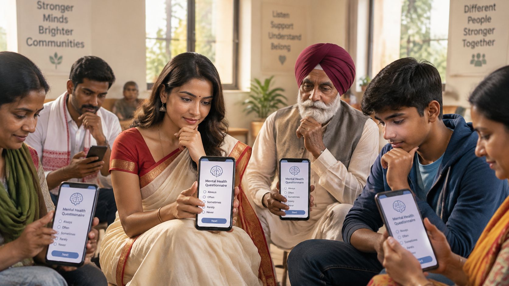 A diverse group of people sitting together in a room, each holding a phone showing a mental health questionnaire.