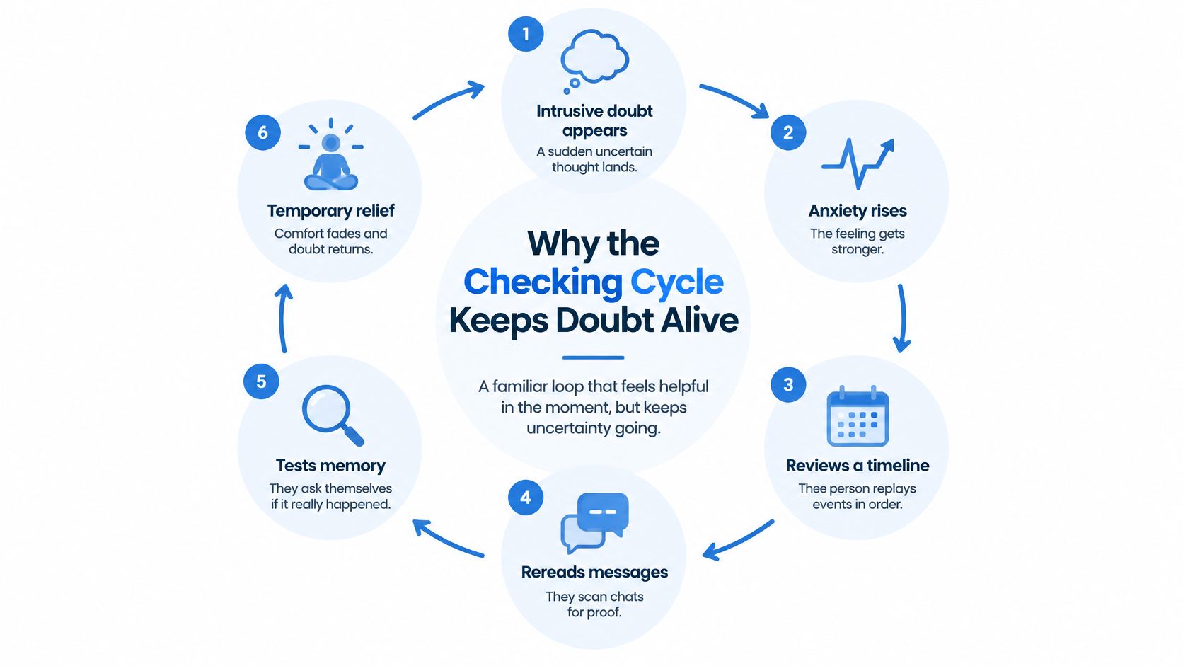 A diagram illustrating the six-step cycle of obsessive-compulsive checking behaviors and why it sustains personal doubt.