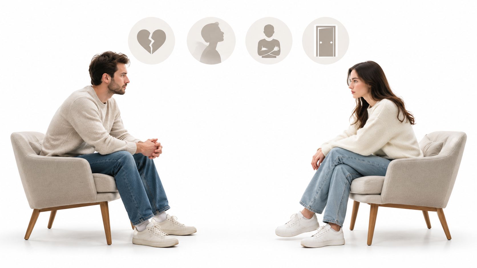 A couple sitting in armchairs facing each other with relationship icons displayed in bubbles above them.