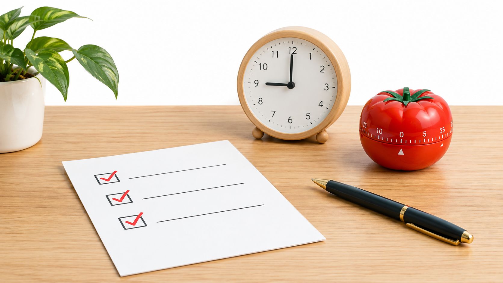 A checklist with three checkmarks, a pen, a clock, and a tomato timer on a wooden desk.