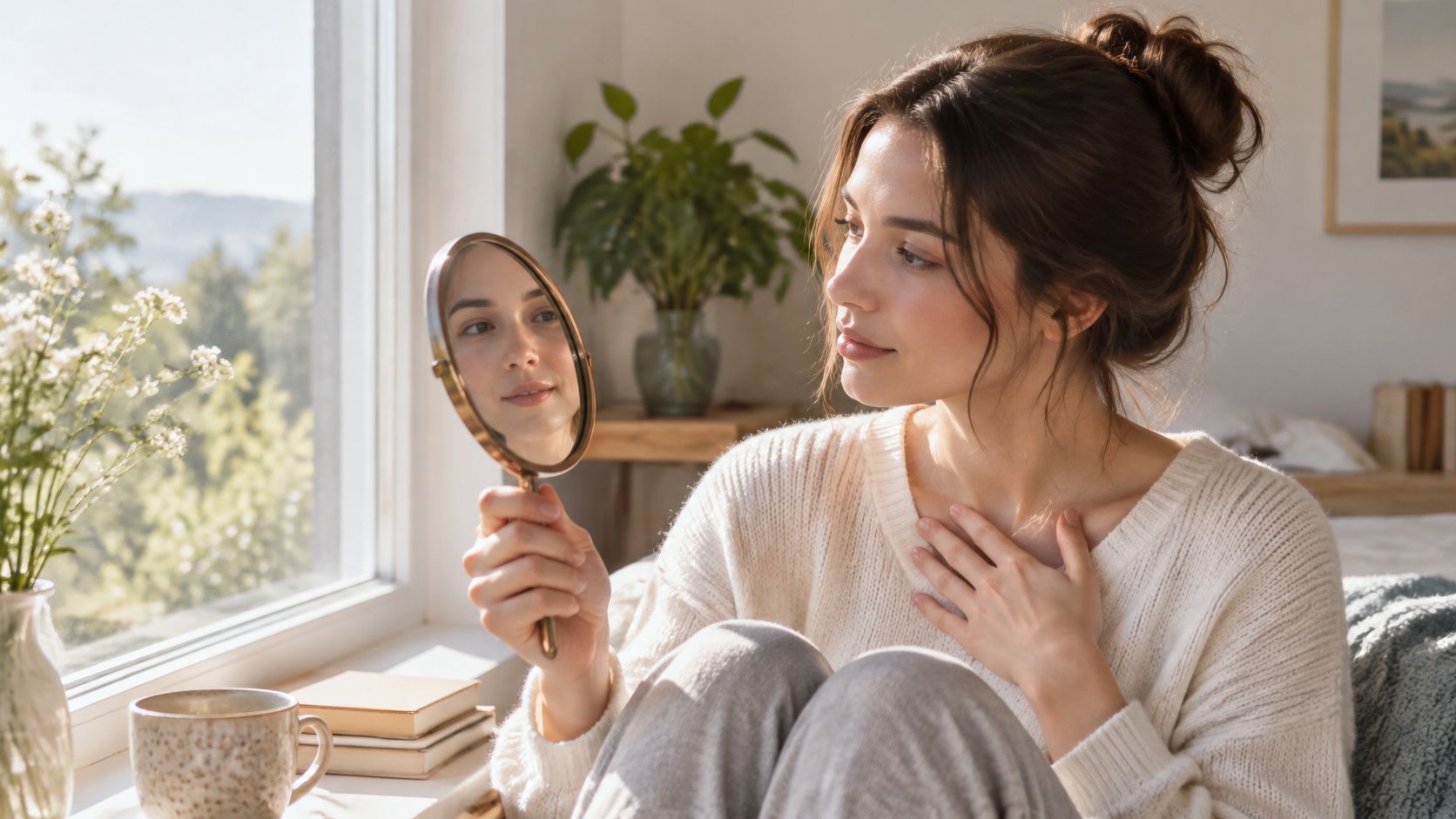 A young woman reflecting on herself while looking into a small hand mirror in a sunny room.