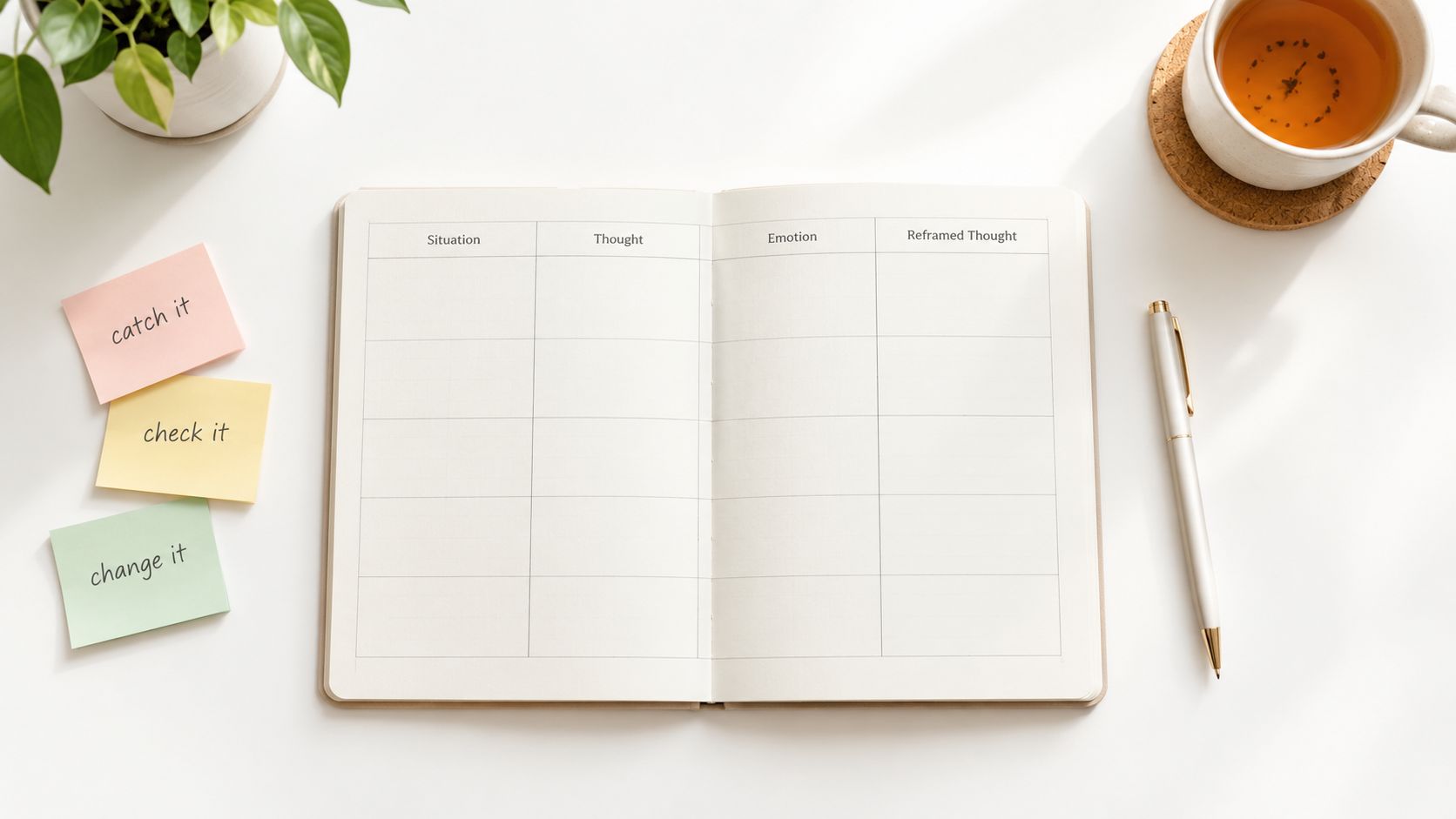 An open journal with a cognitive behavioral therapy template on a white desk with plants and coffee.