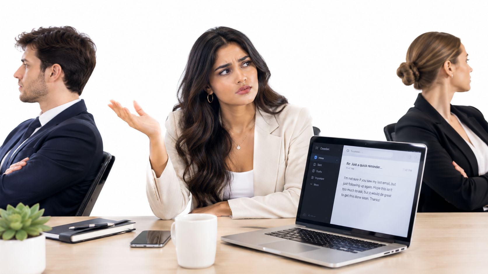 A businesswoman appearing frustrated while two colleagues sit back-to-back, ignoring each other during a tense workplace meeting.