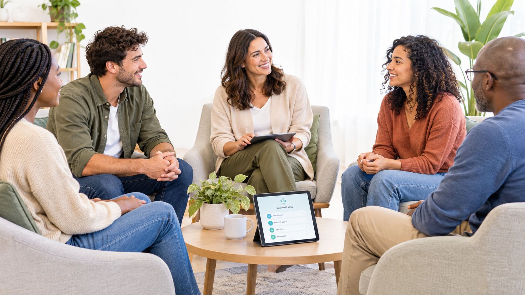 A diverse group of people sitting in a circle during a therapy session in a bright office.