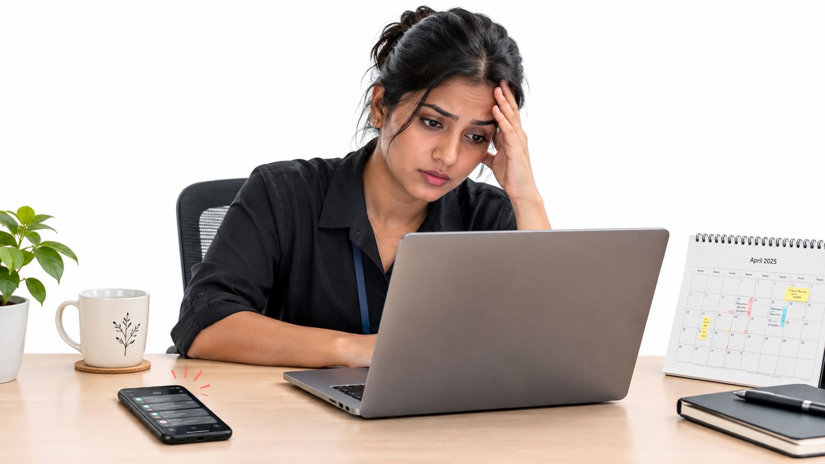 A stressed female professional sits at a desk with a laptop, looking overwhelmed by work tasks.