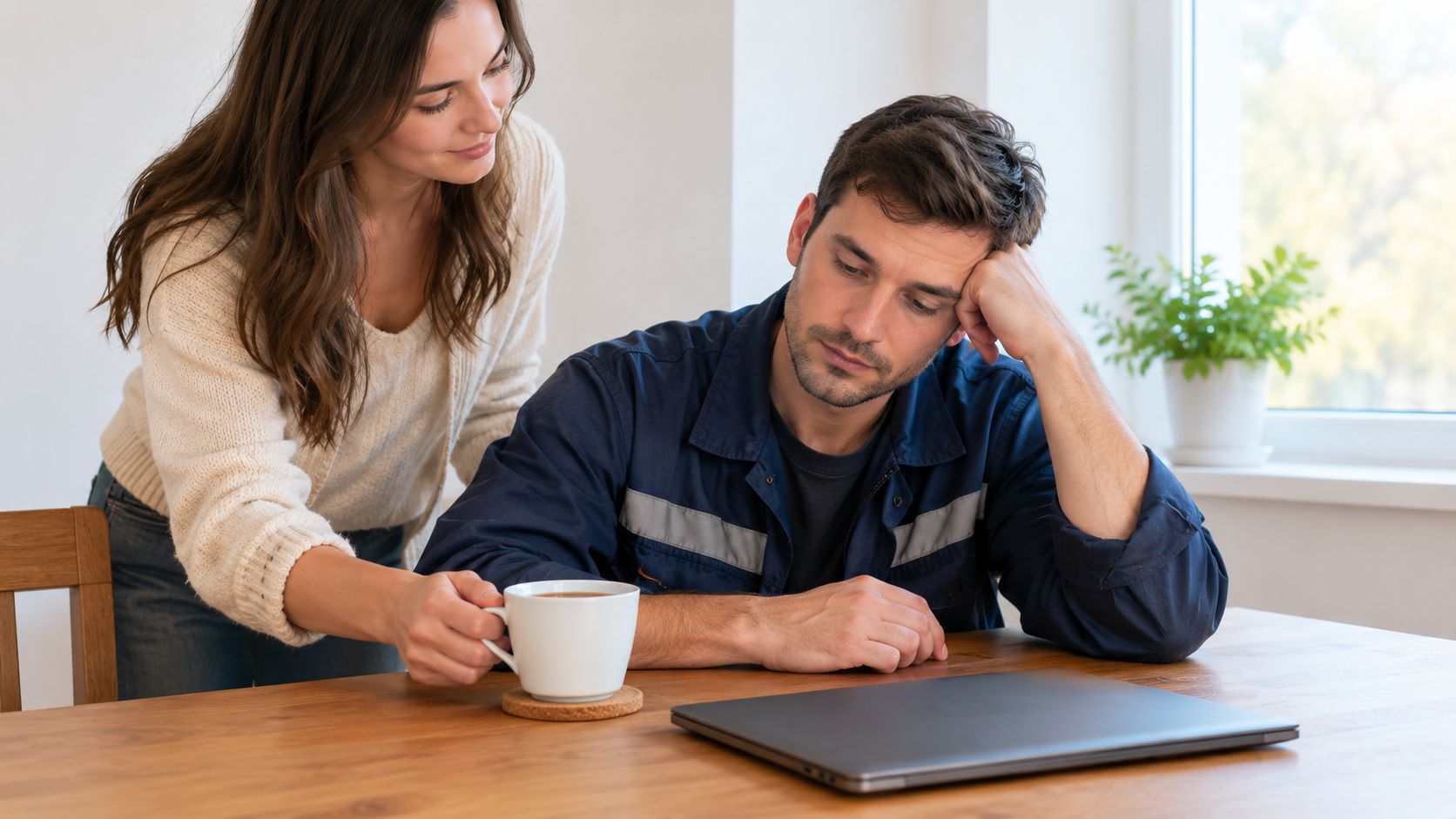 A caring woman offers a cup of coffee to her exhausted husband sitting at a wooden table.