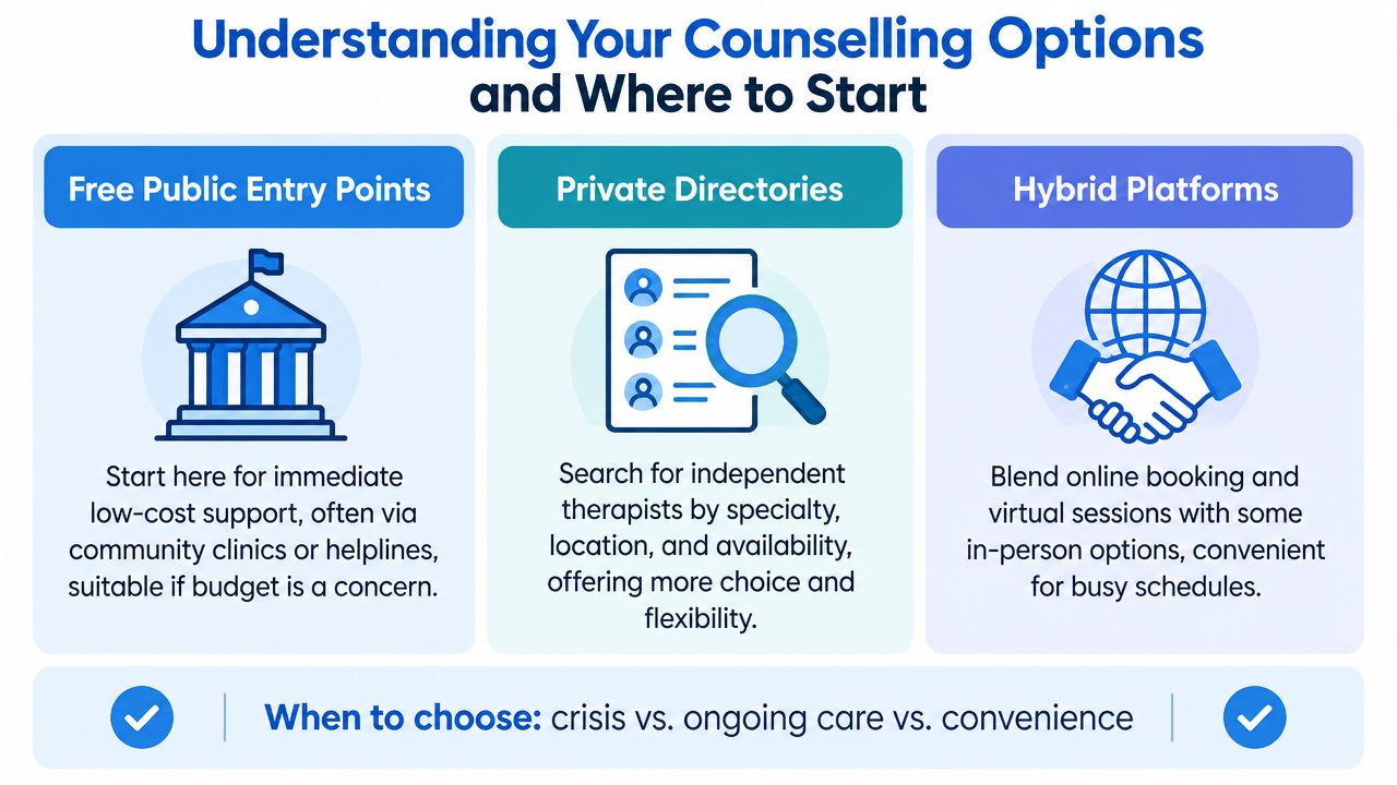An infographic titled Understanding Your Counselling Options displaying three paths: Free Public Entry Points, Private Directories, and Hybrid Platforms.