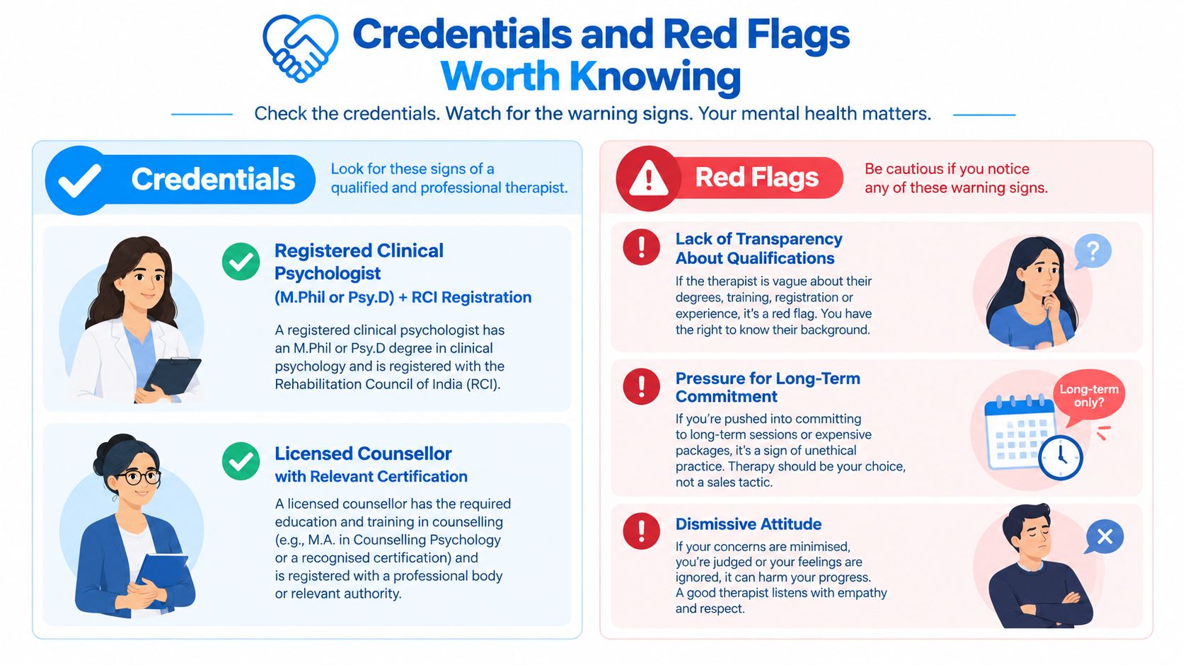 An infographic titled Credentials and Red Flags Worth Knowing, highlighting signs of a professional therapist versus warning signs.