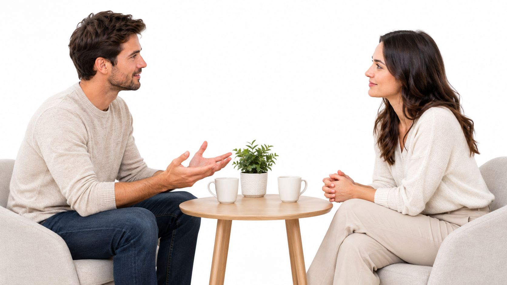 A man and woman sitting in armchairs facing each other and talking over a small table.
