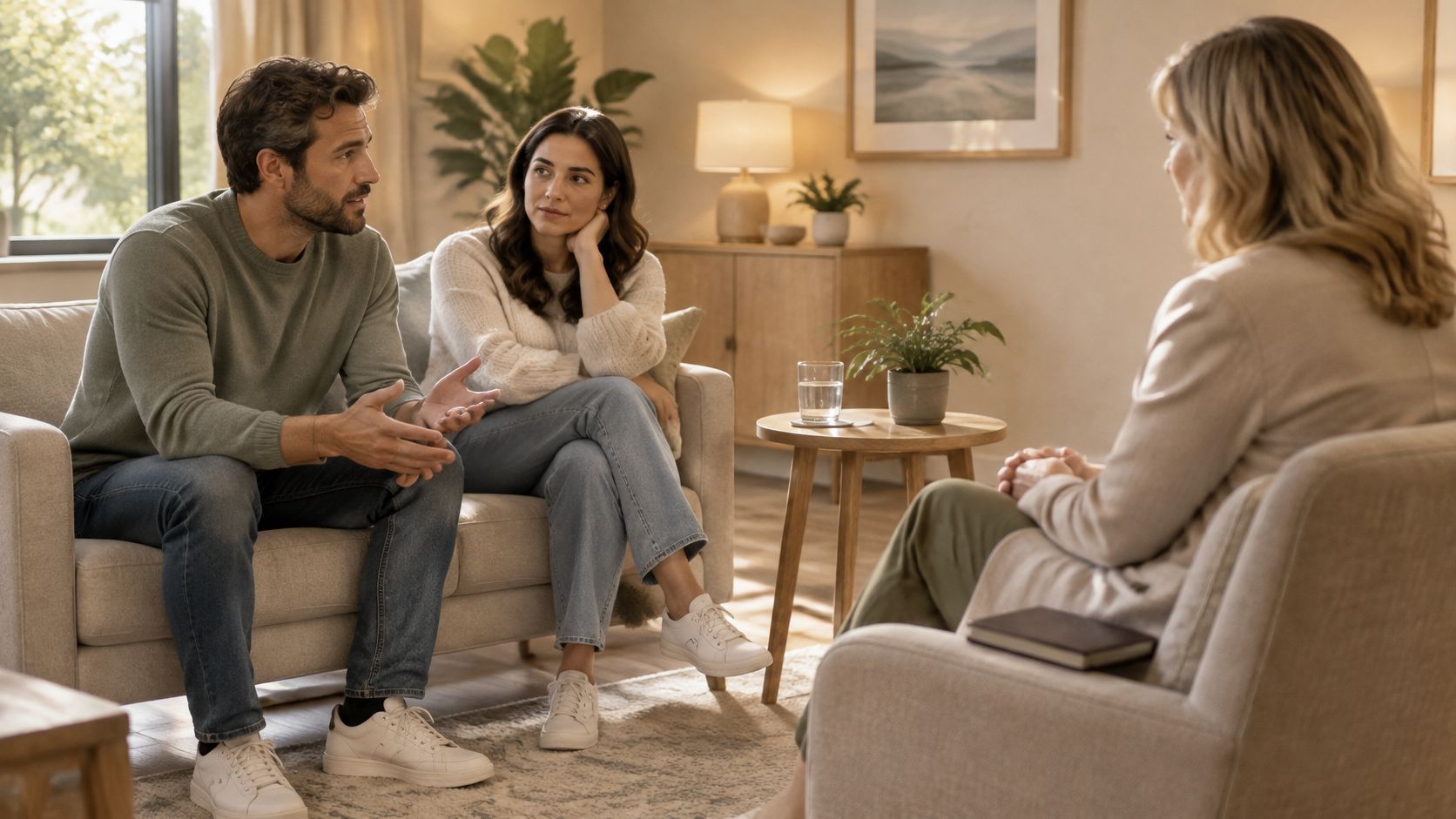 A couple sits on a sofa talking to their therapist during a professional marriage counseling session.