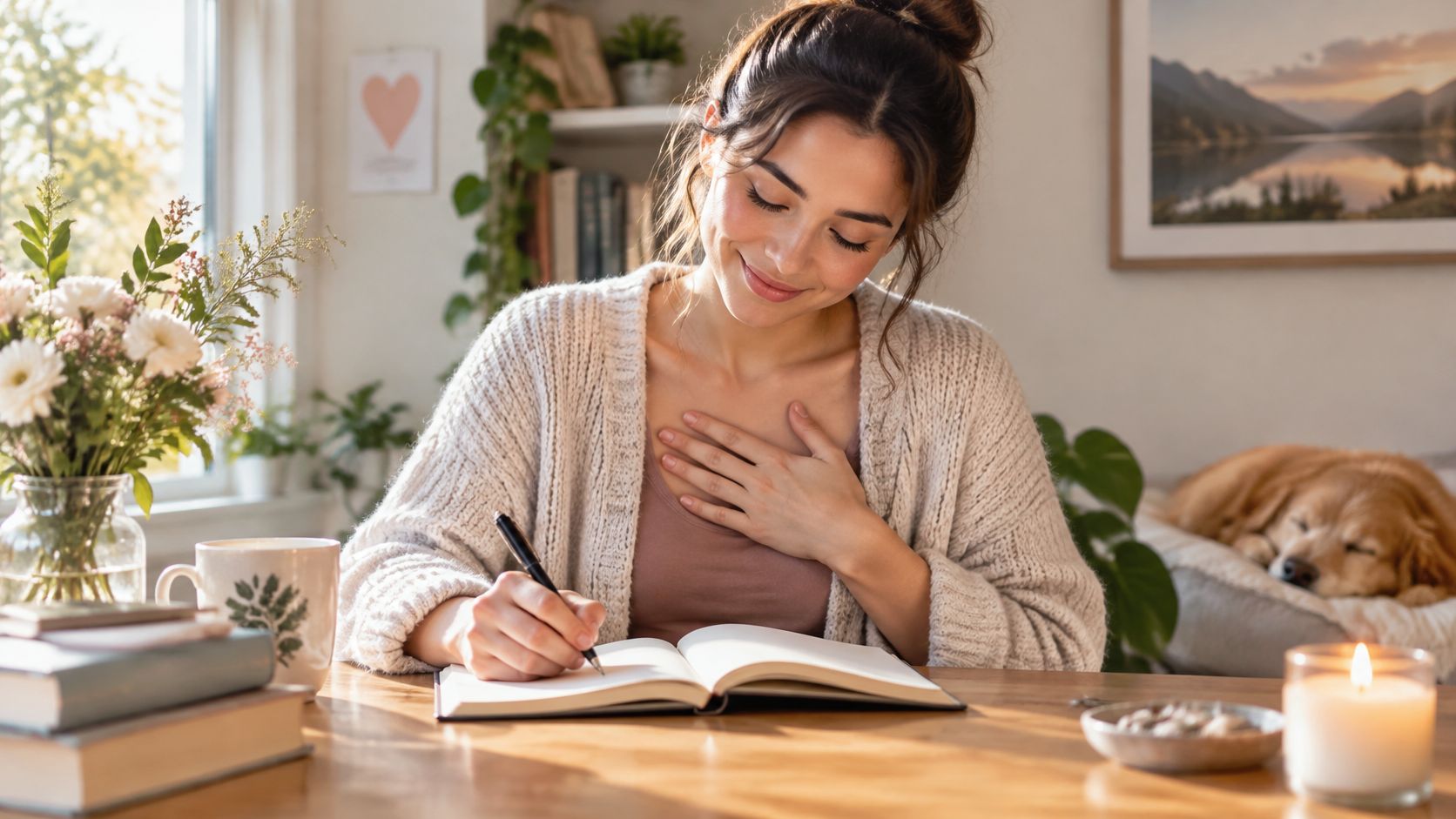 A smiling woman journaling at a wooden desk with a dog resting peacefully in the background.