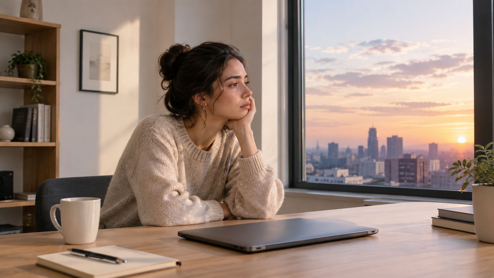 A thoughtful young woman sitting at a desk by a window looking out at a sunset cityscape.