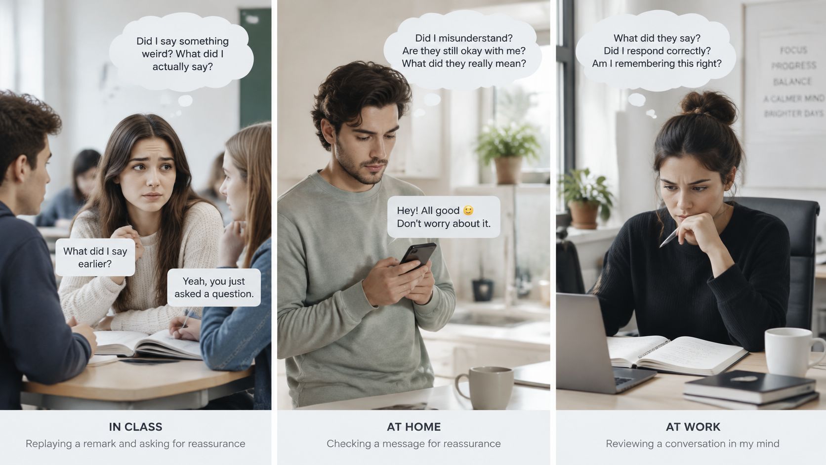 Three panels showing individuals struggling with reassurance seeking and ruminating over past social interactions and conversations.